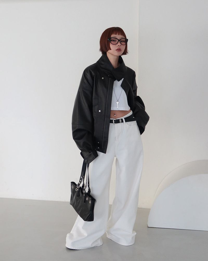 Laurent high neck leather jacket