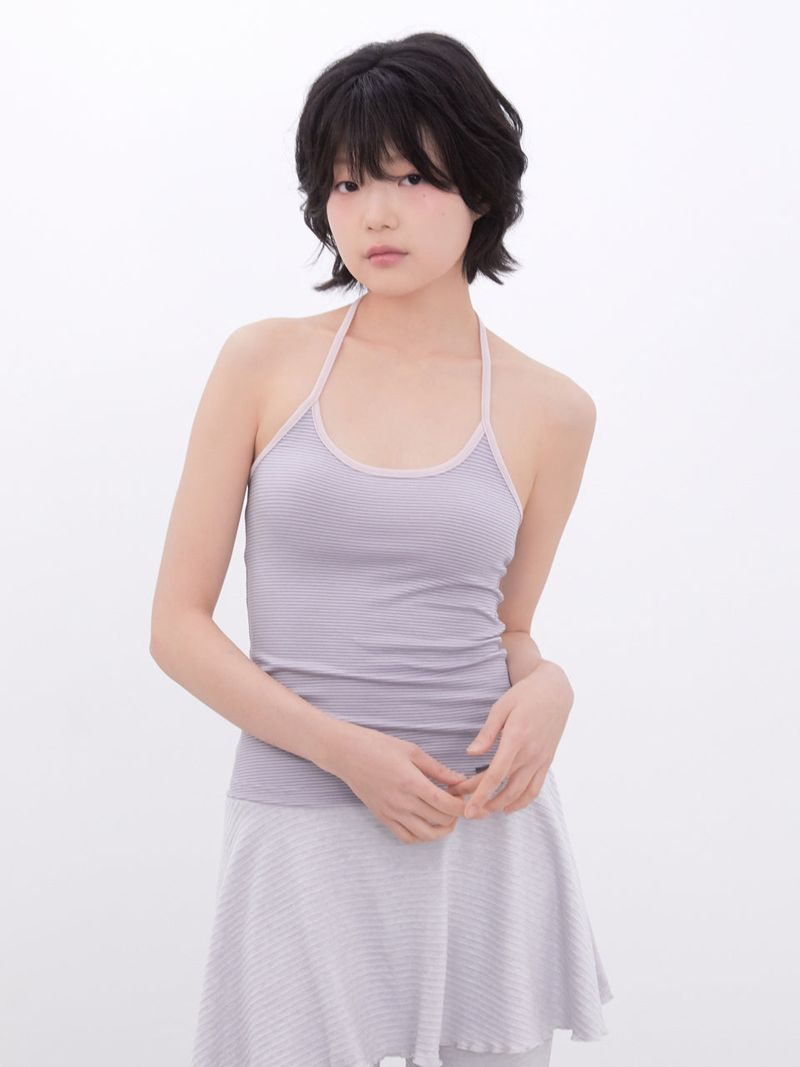 Stripe Two-Tone Halter Neck Top(PINKGREY)