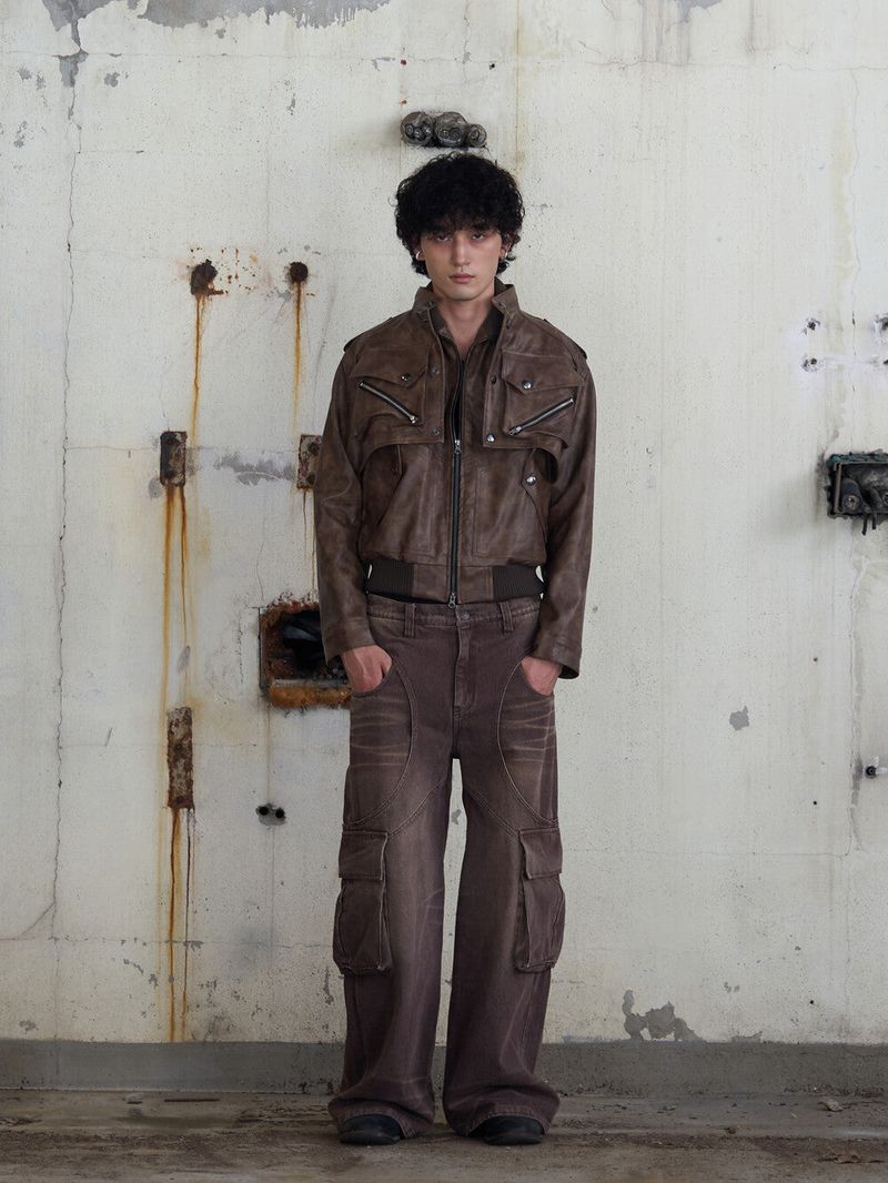 Leather Cargo 3way Jacket (Brown)