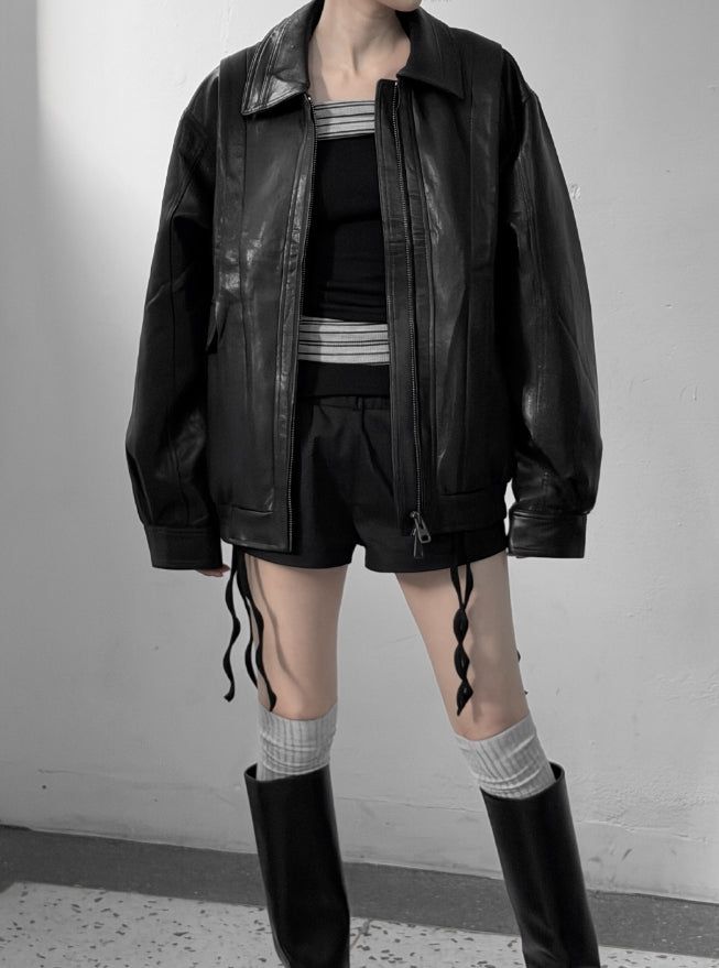 (unisex) Panel Deep Two-Way Leather Jacket