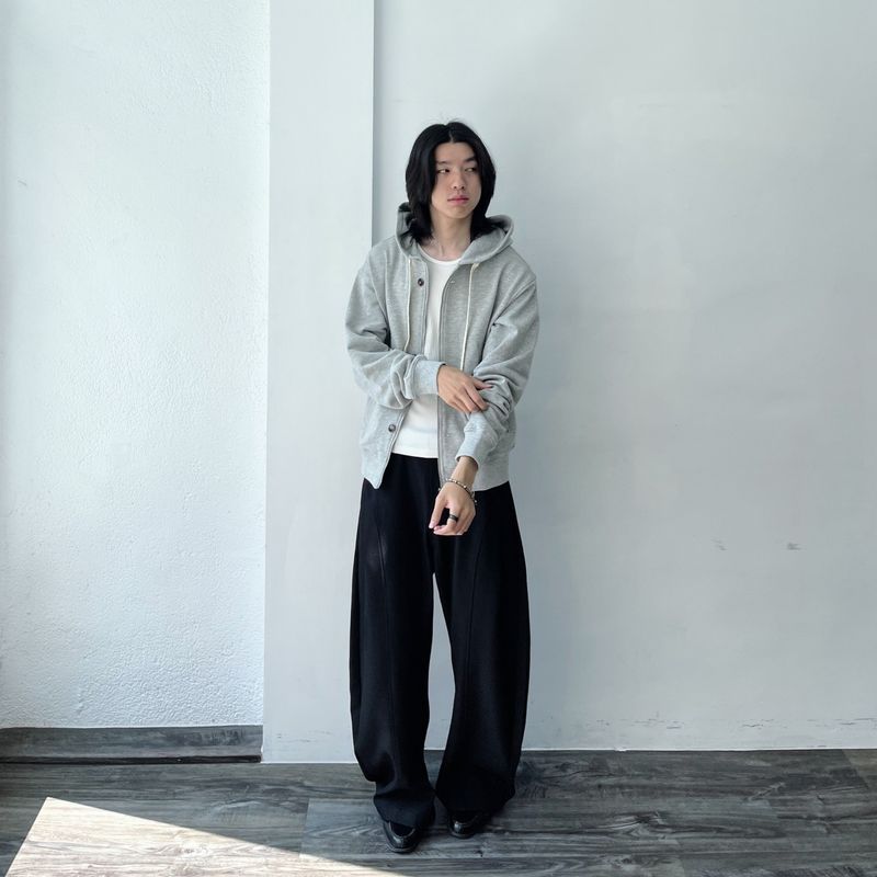 Button Detail Thick Drawstring Zip Hoodie