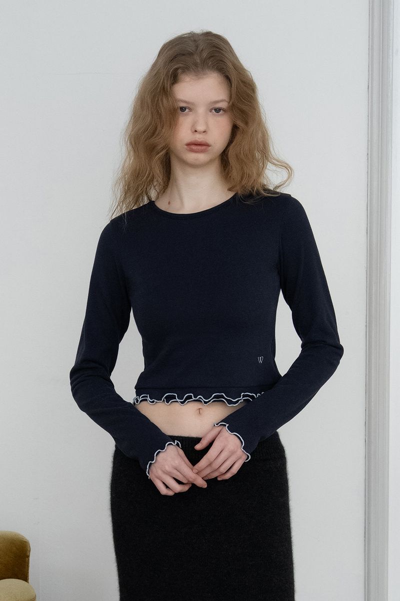 WITHOUTSUMMER（ウィズアウトサマー）の「Frill crop t-shirt_navy（Tops）」