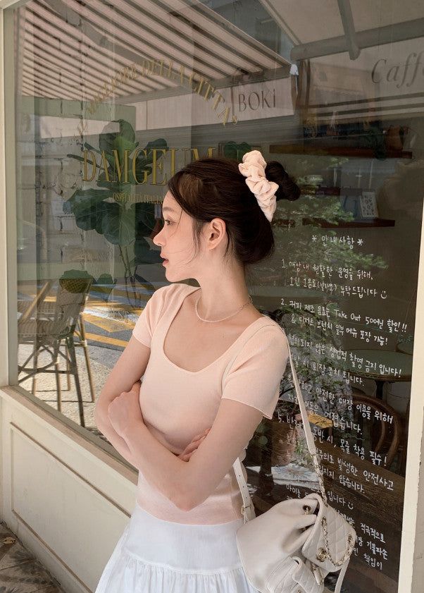 #Back Slit Square Short Sleeve Knit + Scrunchie Set (5color)
