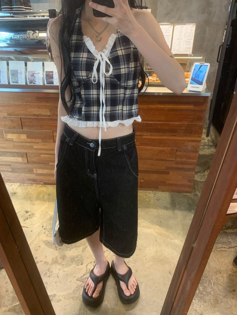  [🖤MD PICK] Backline Back Point Bermuda Denim Pants (Black)
