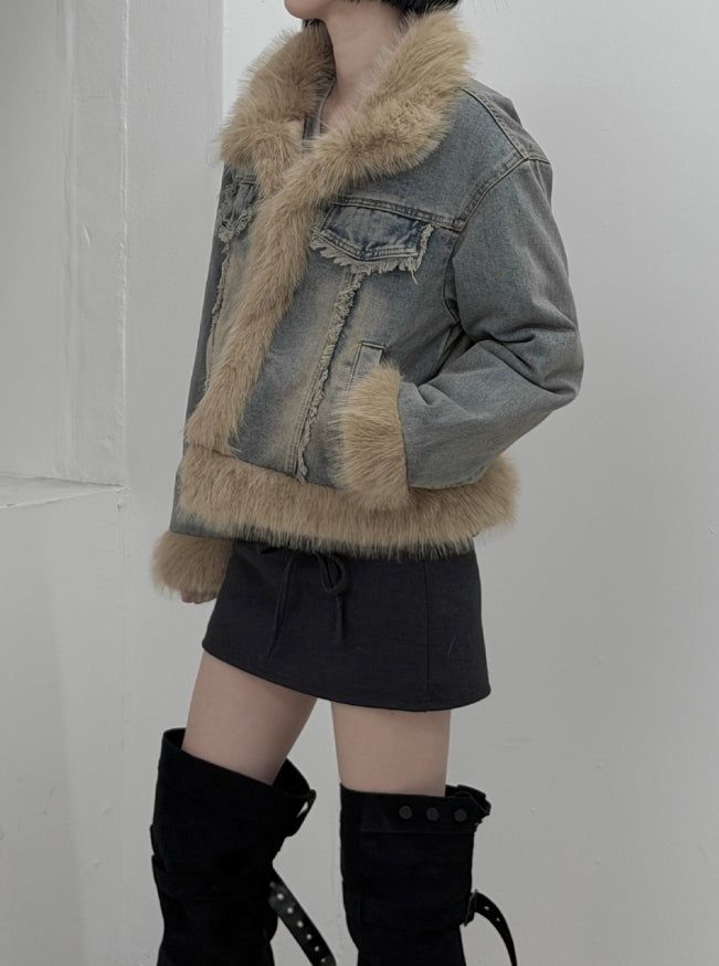Fur trimmed quilted denim jacket