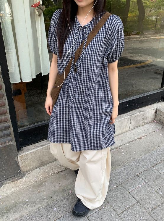 Zimo Check Button Puff Short Sleeve One Piece