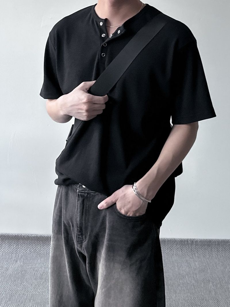 ワッフルヘンリーネックハーフTシャツ