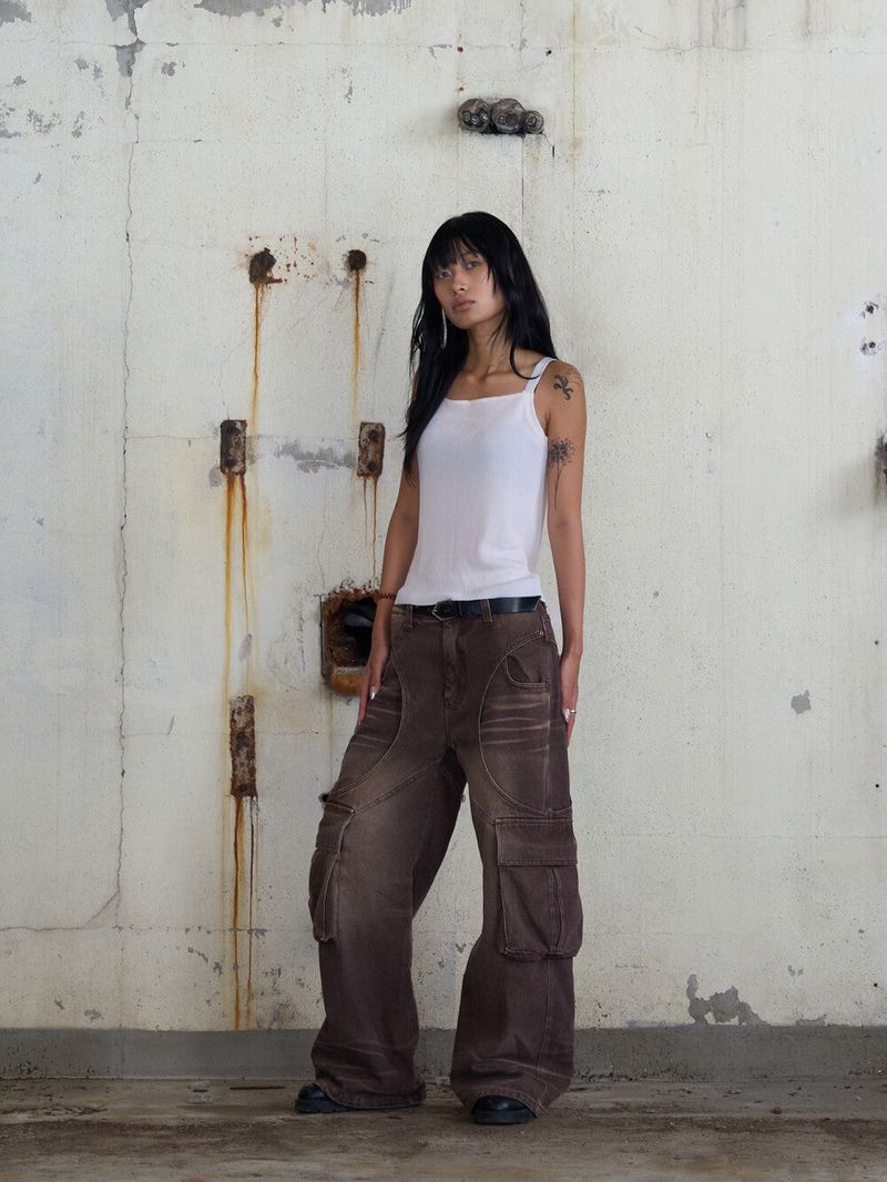 Circle Washing Denim Cargo Pants (Brown)