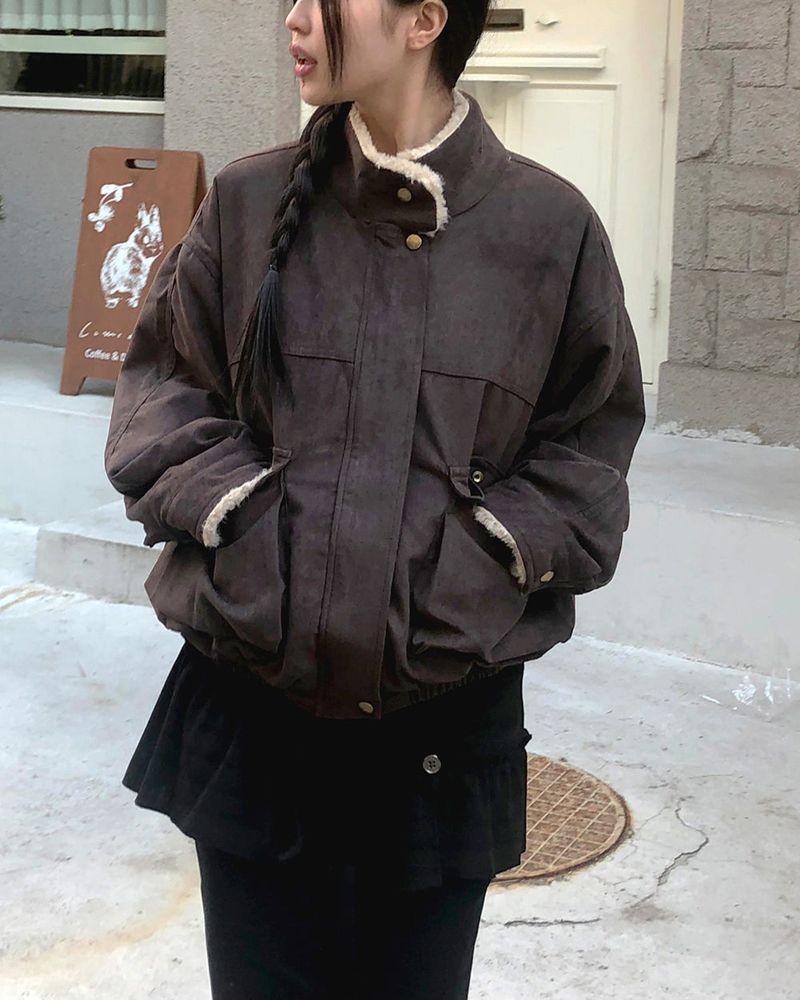 Rasi High-neck fur-lined zip-up Suede Shearling jacket