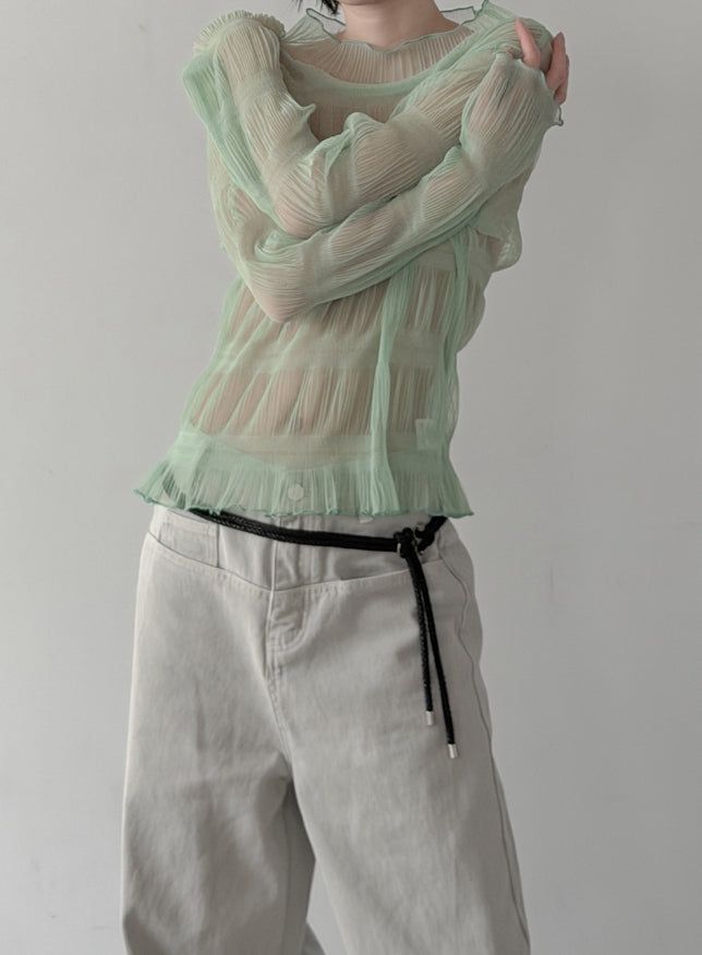 mnem(ムネム)の「Torsion Smoke Shirring Sheer See-Through T-shirt(Tops)」