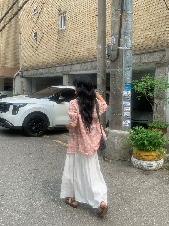 Toui Check Three Quarter Rolled-up Loose Fit Shirt