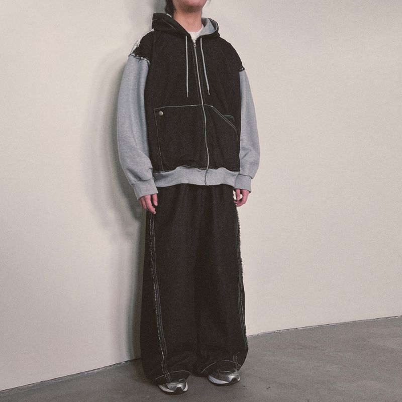 layered deconstructed zip-up hoodie_black