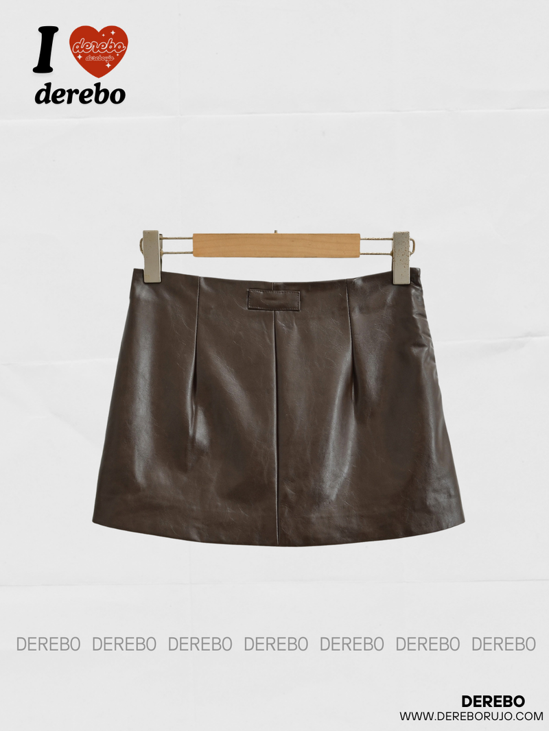 Olive leather A-line mini skirt