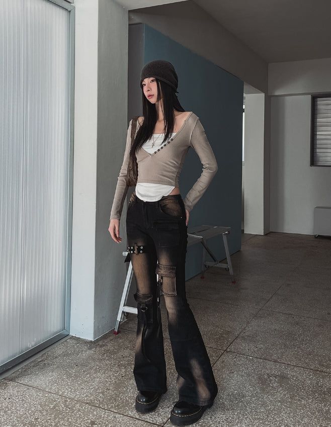 Ash Ribbed Deep Button Layered Long Sleeves
