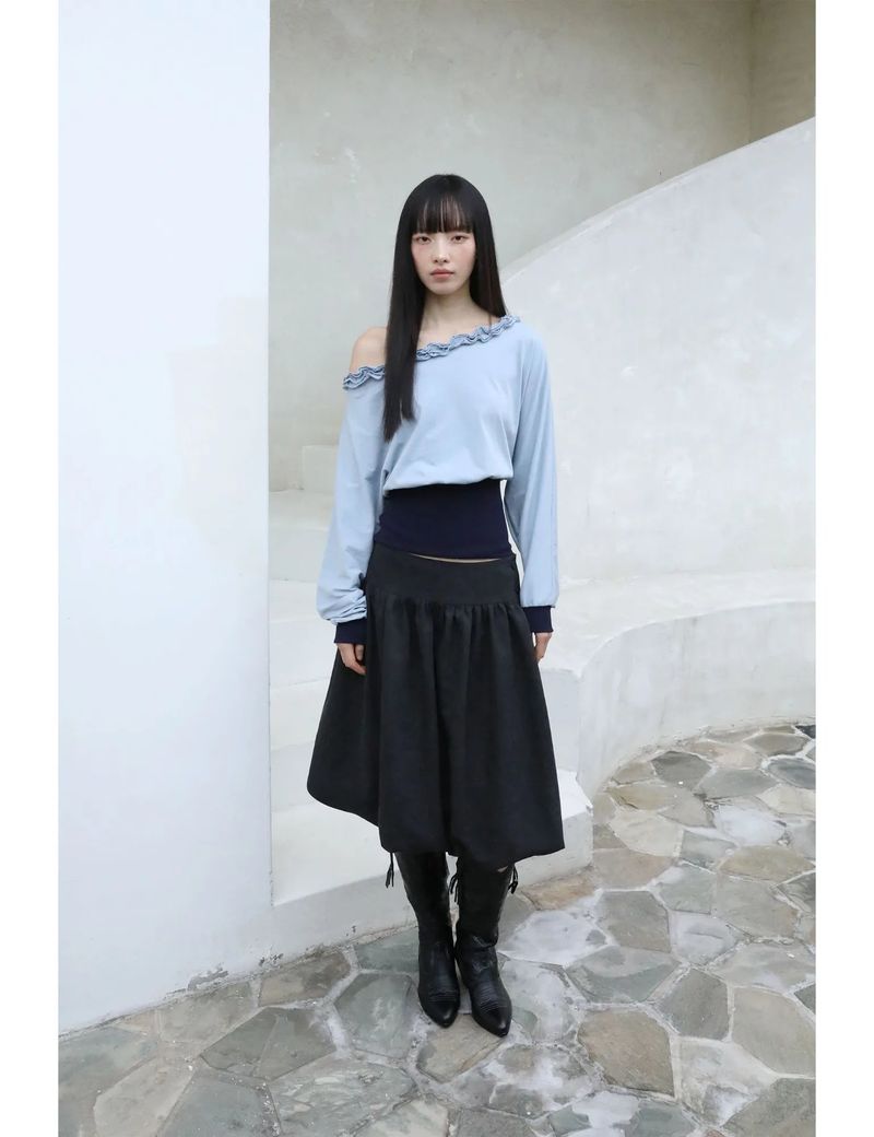 OFF-SHOULDER RUFFLE TOP(BLUE)