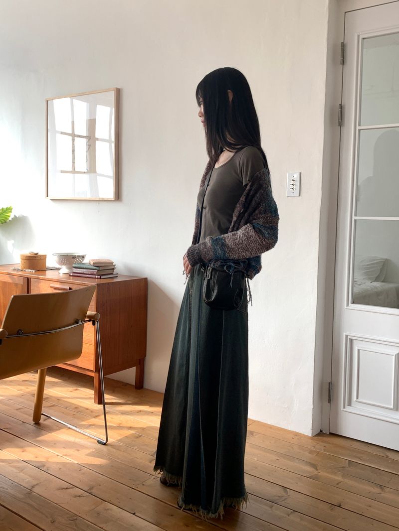 Elder Pintuck Pleated Long Denim Skirt