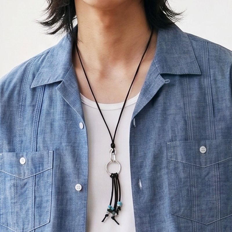 turquoise & leather cord beads necklace black