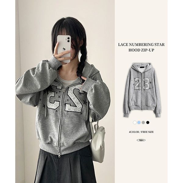 Connie Lace Numbering Embroidery Two Way Hooded Zip-Up