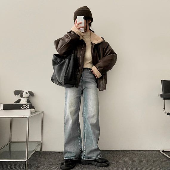 Mohi High-Neck Wool Leather Jacket