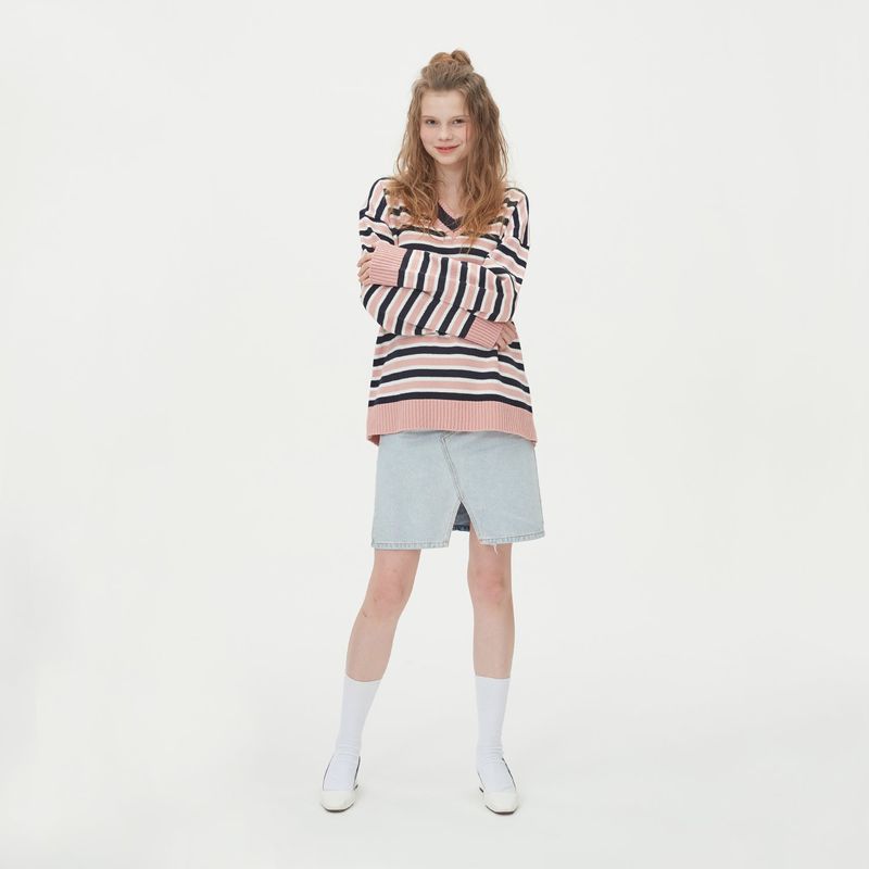 STRIPE V NECK KNIT_PINK