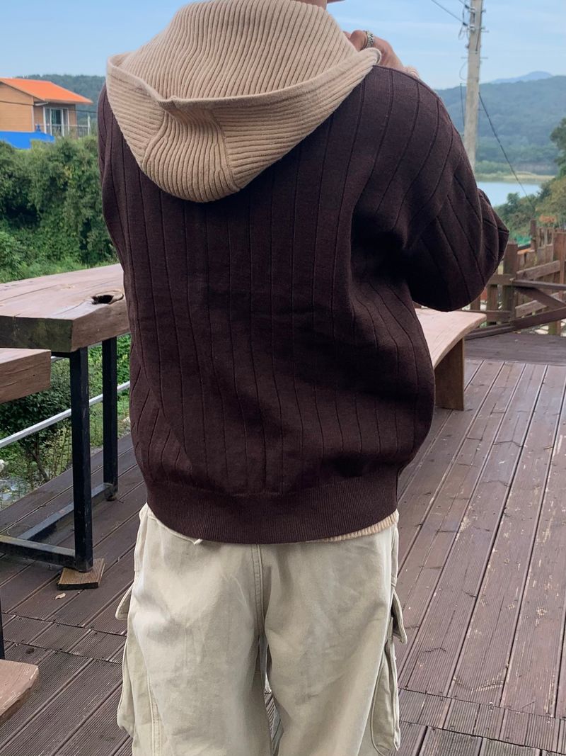 Rib Hood Half Zip-Up Knit
