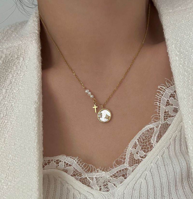stv Moon Star Freshwater Pearl Stainless Steel Coin Layered Long Short Necklace