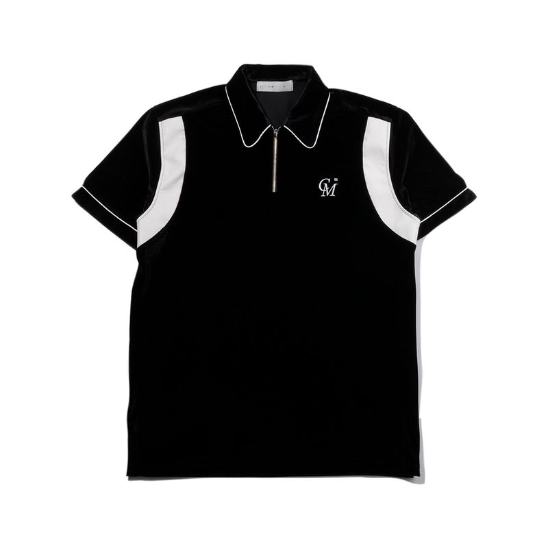 C.O.M.E（シーオーエムイー）の「[UNISEX] Leather-Trimmed Velour Zip Polo (Black)（Tops）」