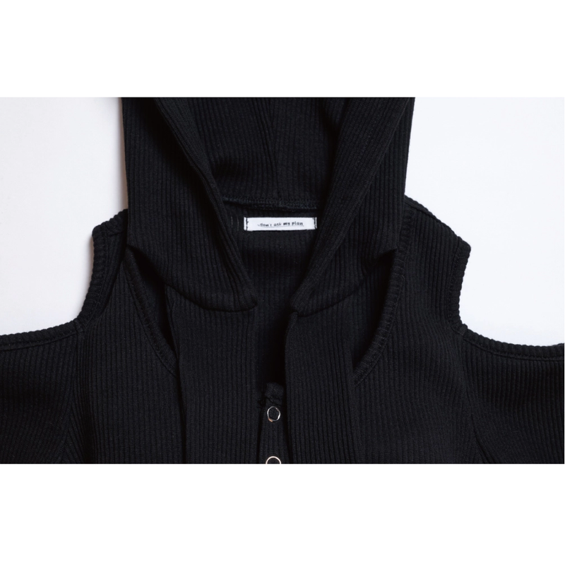 OFF SHOULDER HOODED LONG SLEEVE BLACK