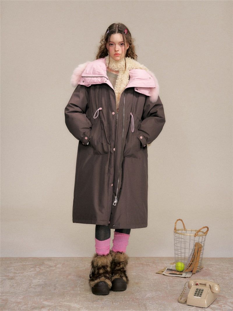 Two-tone Fox Fur Collar Oversized Down Coat