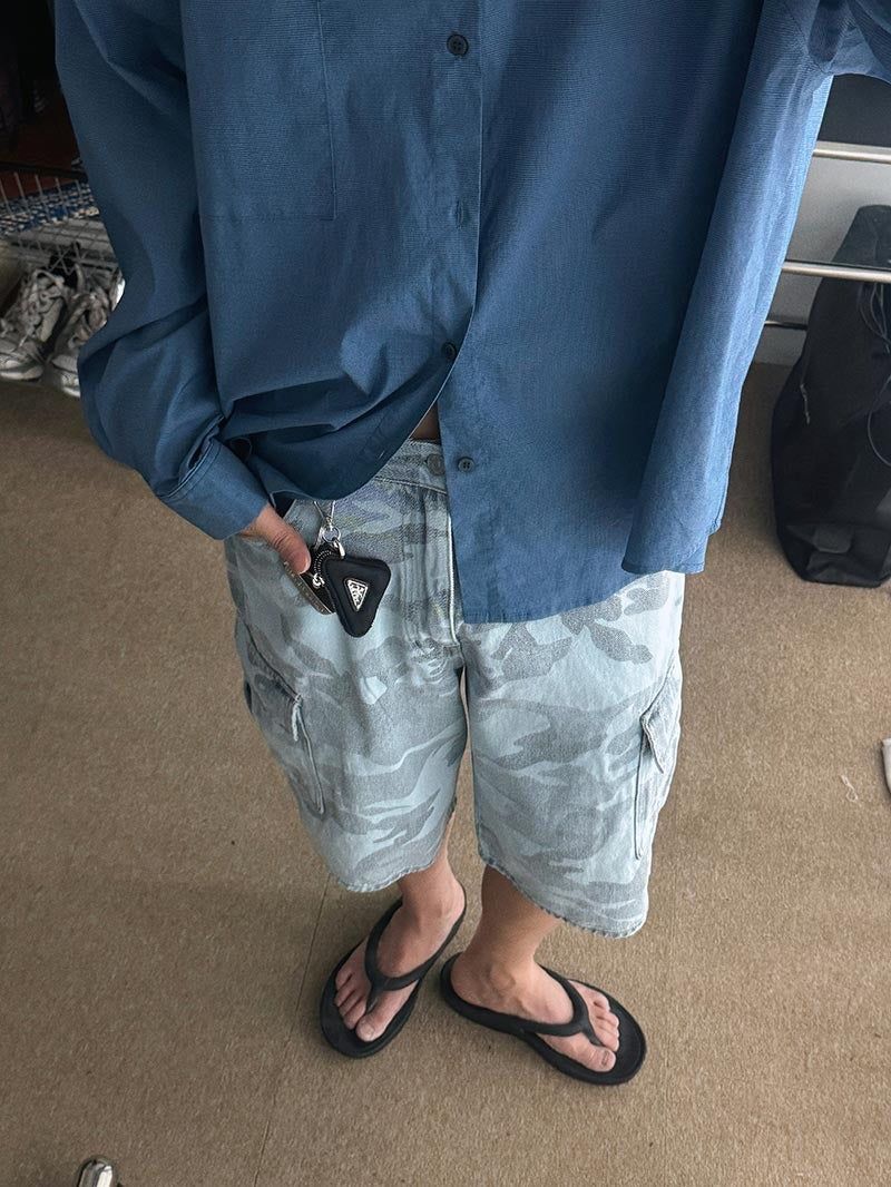 ASCLO Washed Camo Denim Half Pants (2color)