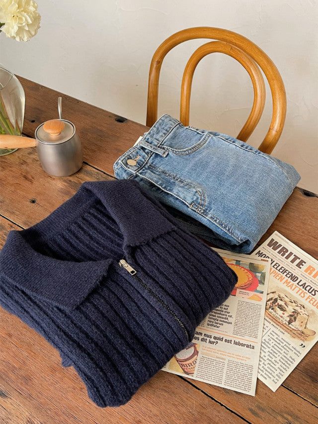 AZ Collar Crop Knit Zip-up (4color)