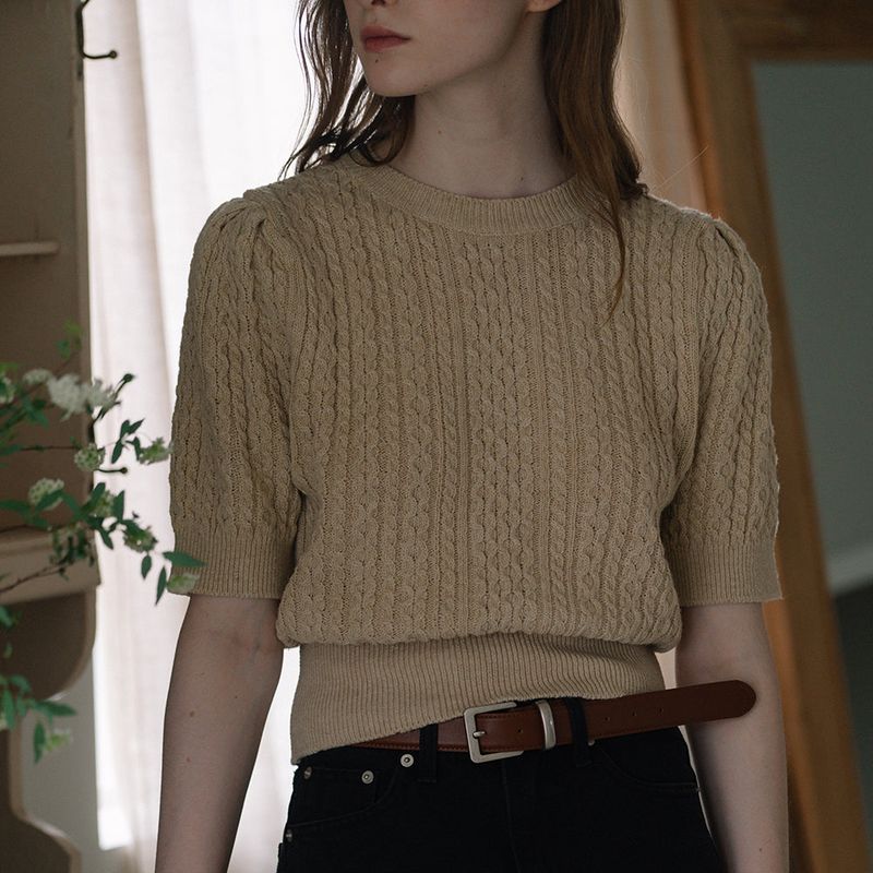 Cable Puff Sleeve Knit - Beige