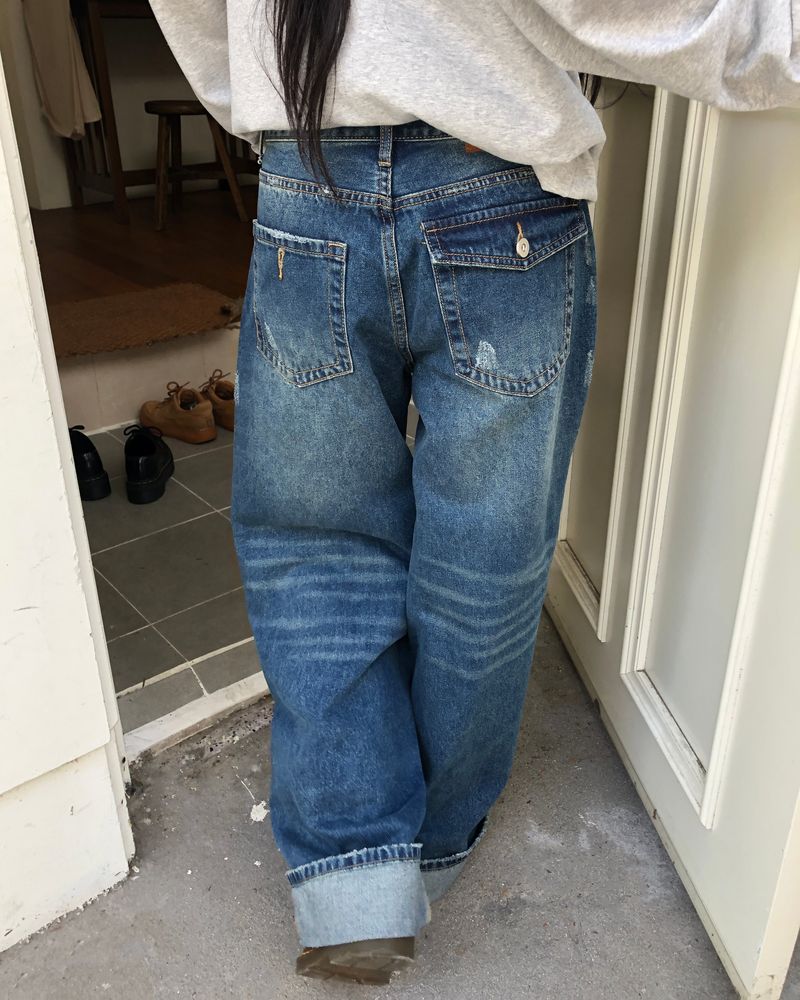 Rihen Roll-Up Wide Denim Pants