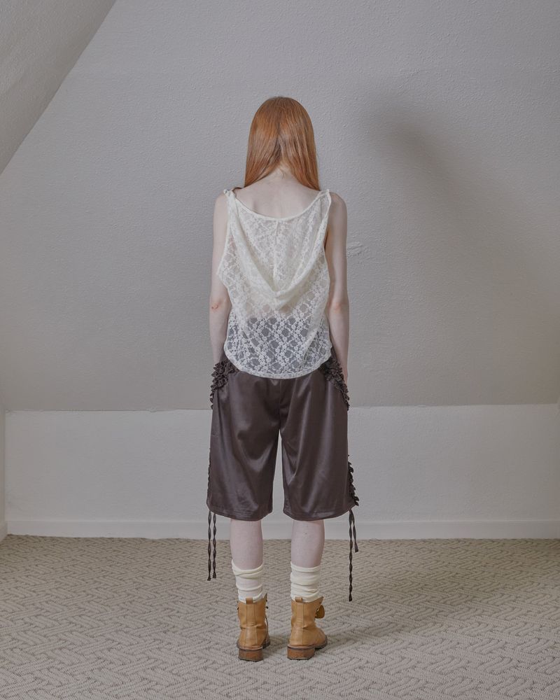 satin ruffle track pants / brown