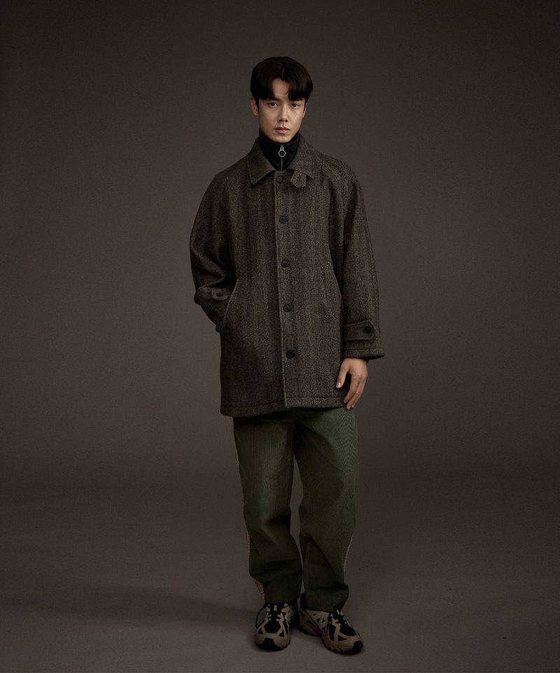 BALMACAAN HERRINGBONE WOOL CASHMERE HALF COAT BLACK