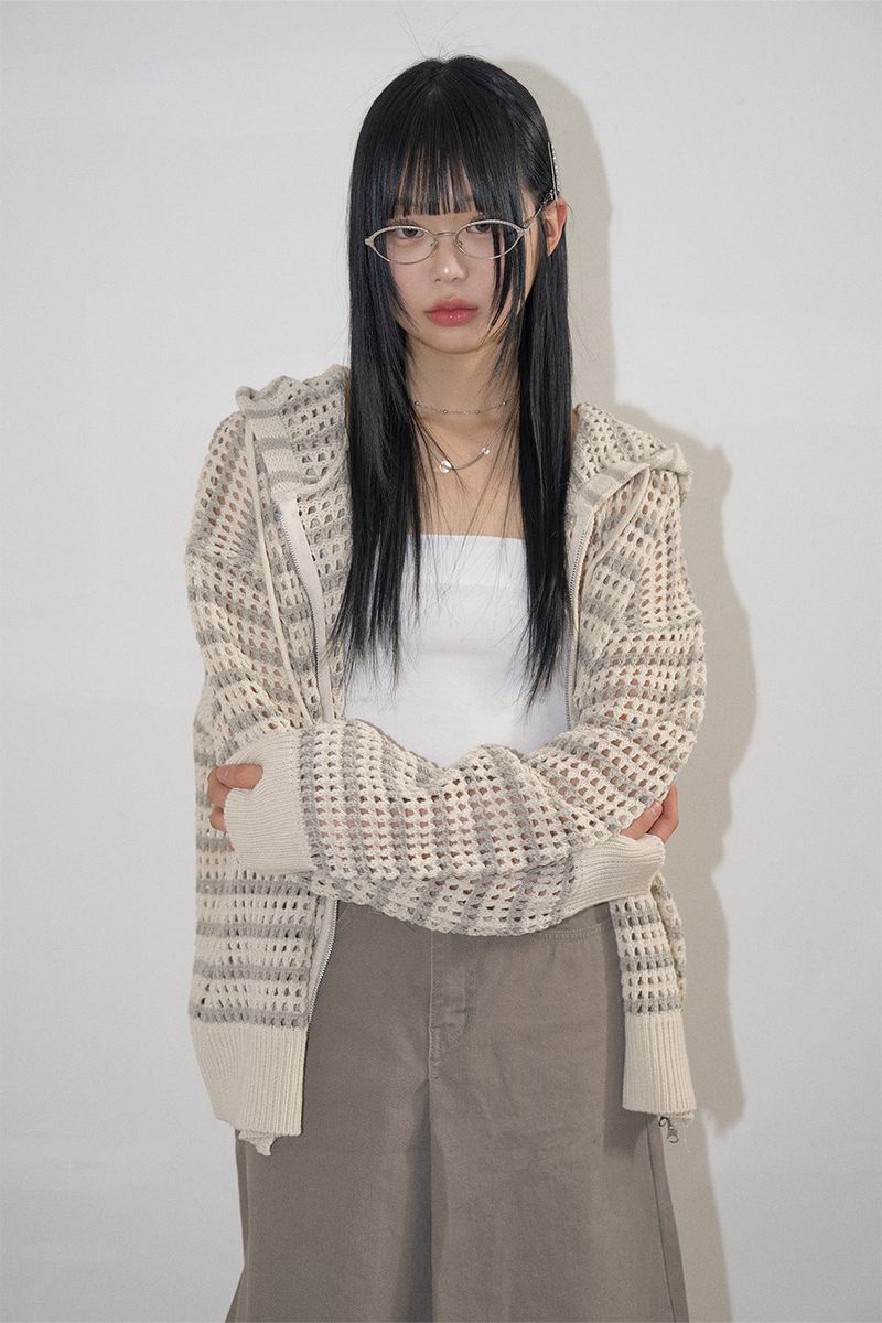 Raucohouse(ラウコハウス)の「Lex mesh stripe knit hood zip-up(Tops)」
