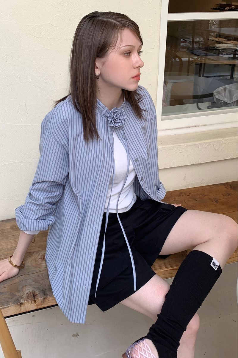 BROOCH STRIPE SHIRT_DUSTY BLUE