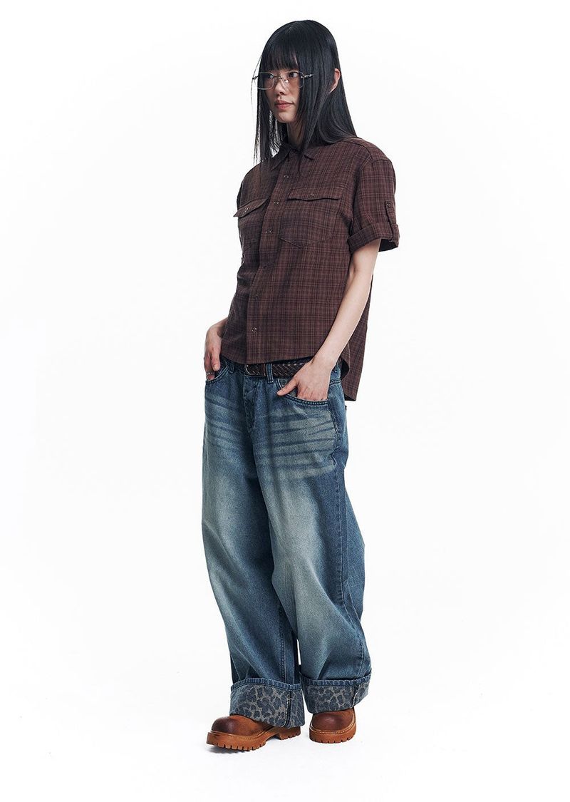 Leopard Cross Patch Roll-Up Denim Pants - Deep Blue