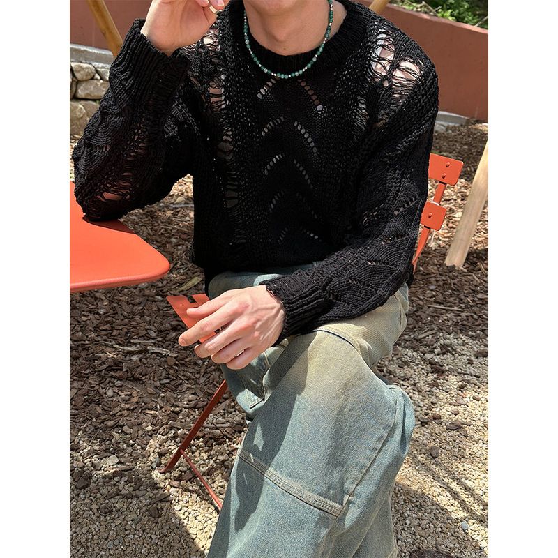 [PREMIUM] Grunge damage round neck knit (3color)