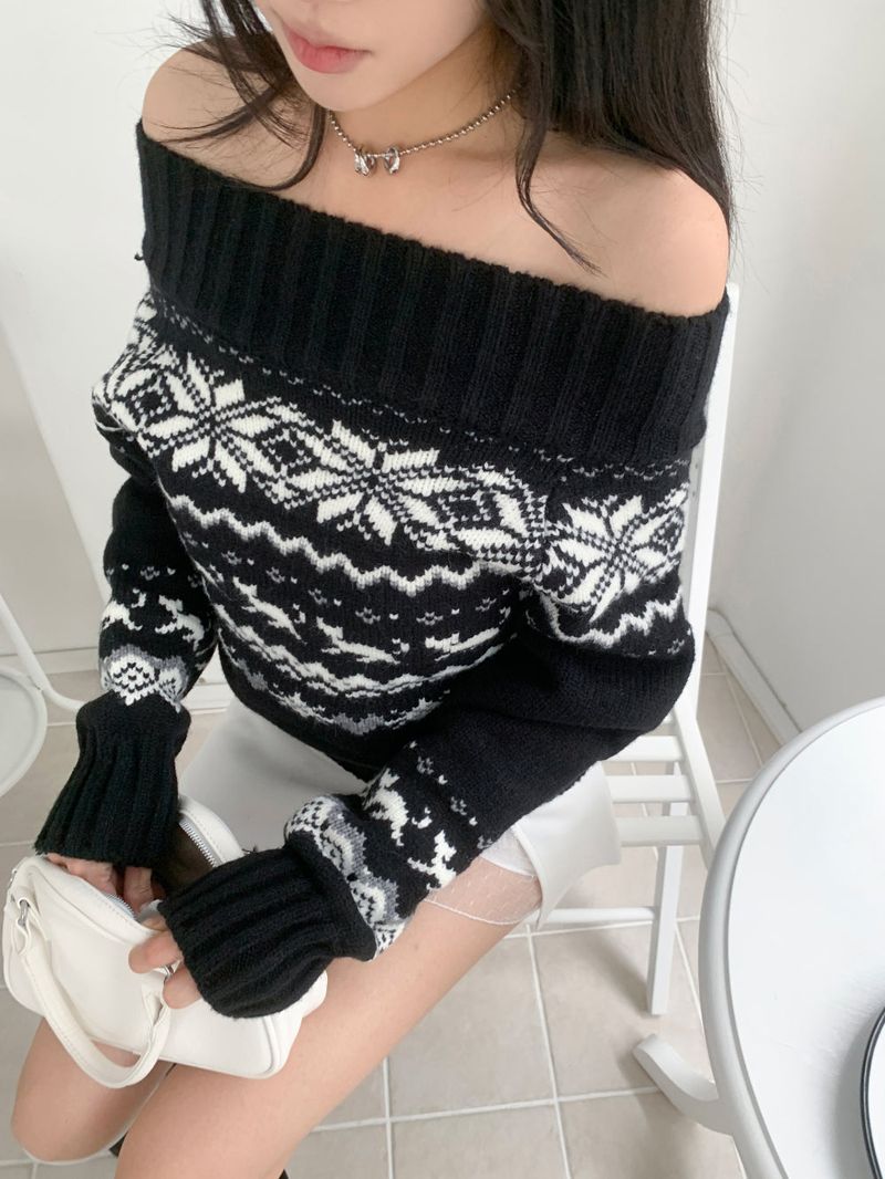 Snowfield Nordic Pattern Off-Shoulder Knit Top (Black)