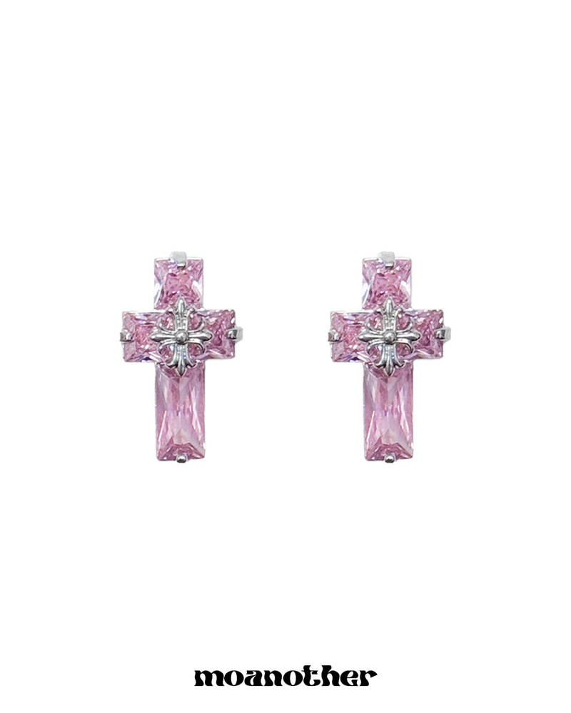 [Hearts2Hearts A-NA Pick!](Silver Post) Pink Cubic Cross Earring