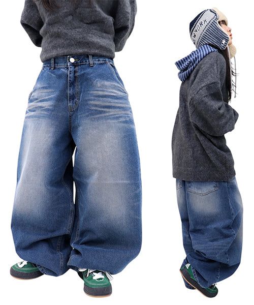 Wide Vintage-Washed Denim Balloon Pants