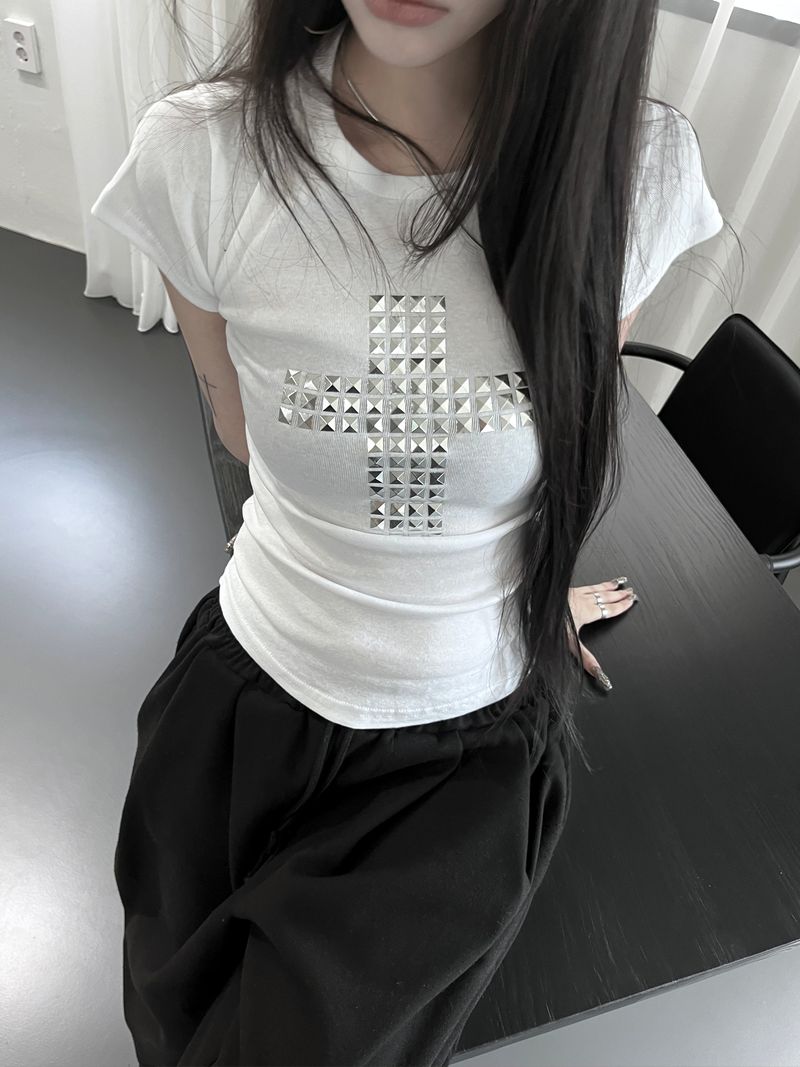 metallic cross stud short sleeve (3color)