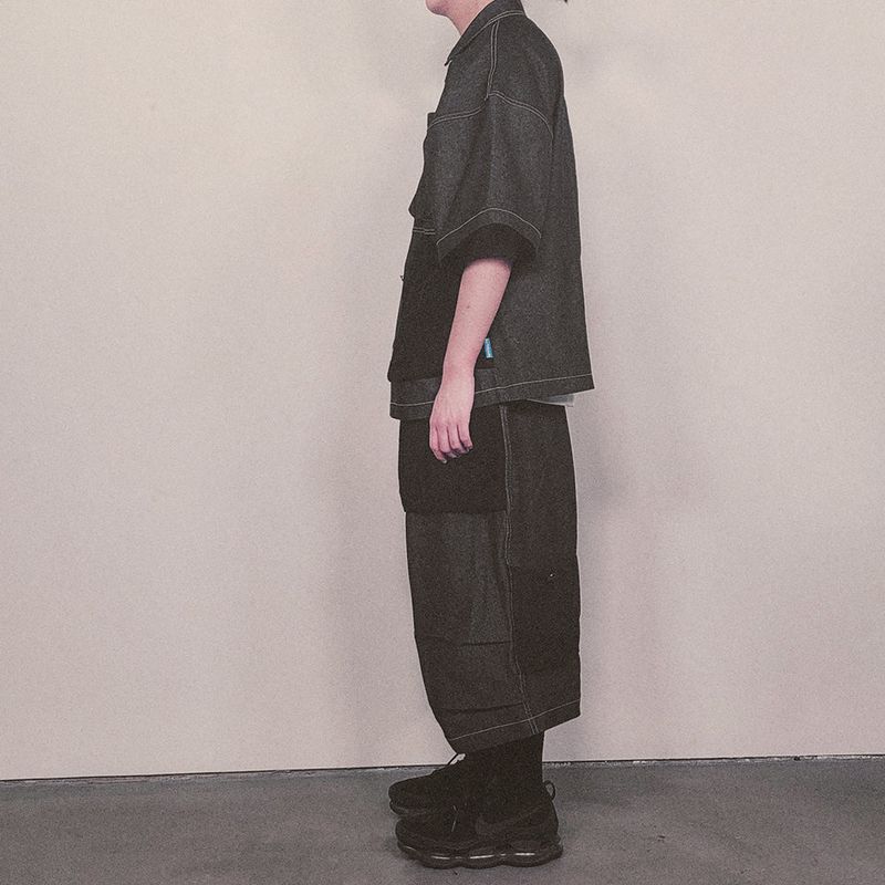 reverse terry pocket denim shortsleeve shirt_black