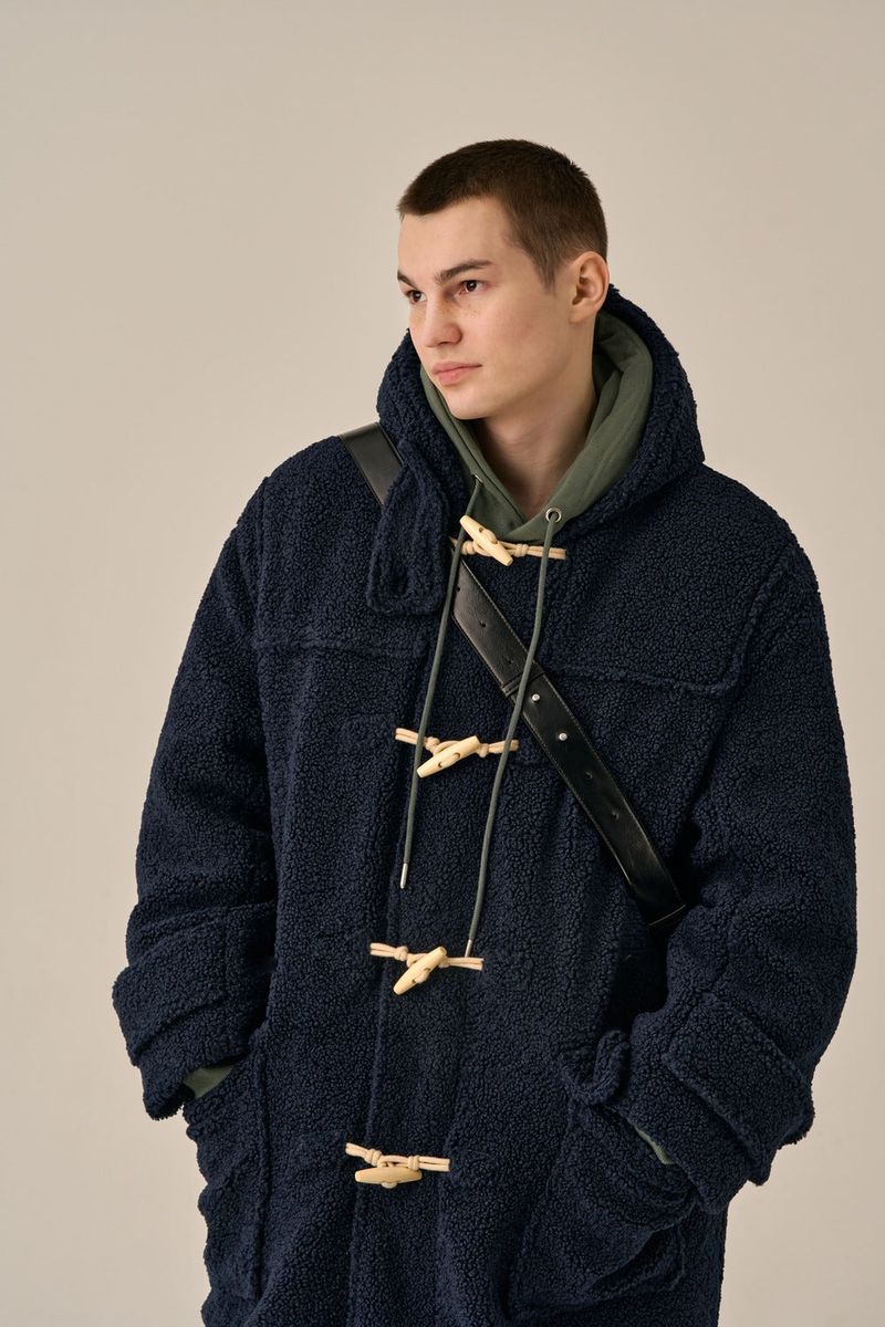 DUFFLE FLEECE HOODED COAT - NAVY