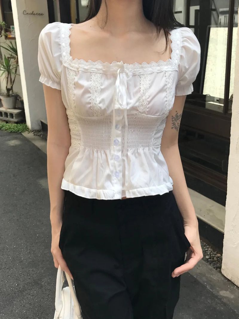 Romy Square Lace Ribbon Puff Smoke Blouse