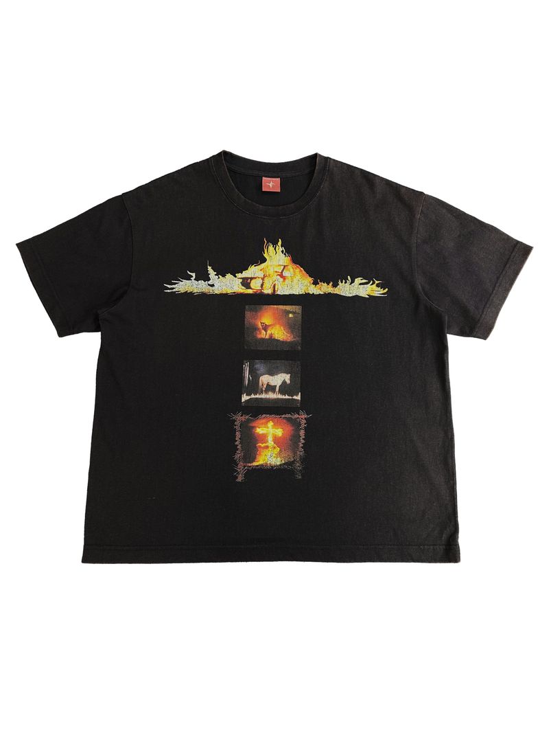 WANGXINGYU(ワンシンユー)の「WASHED DISTRESSED FLAME CROSS MOTTLED CRACKED KORNIT PRINT SHORT SLEEVE T-SHIRT.(Tops)」