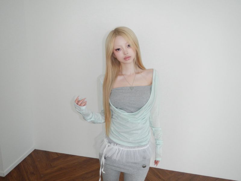 pleats mesh shirrin  top(3 color) 