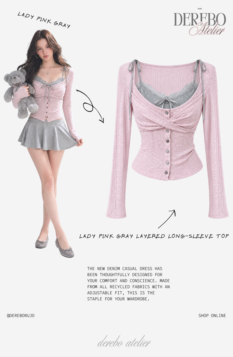 Lady Pink Gray Layered Long-Sleeve Top