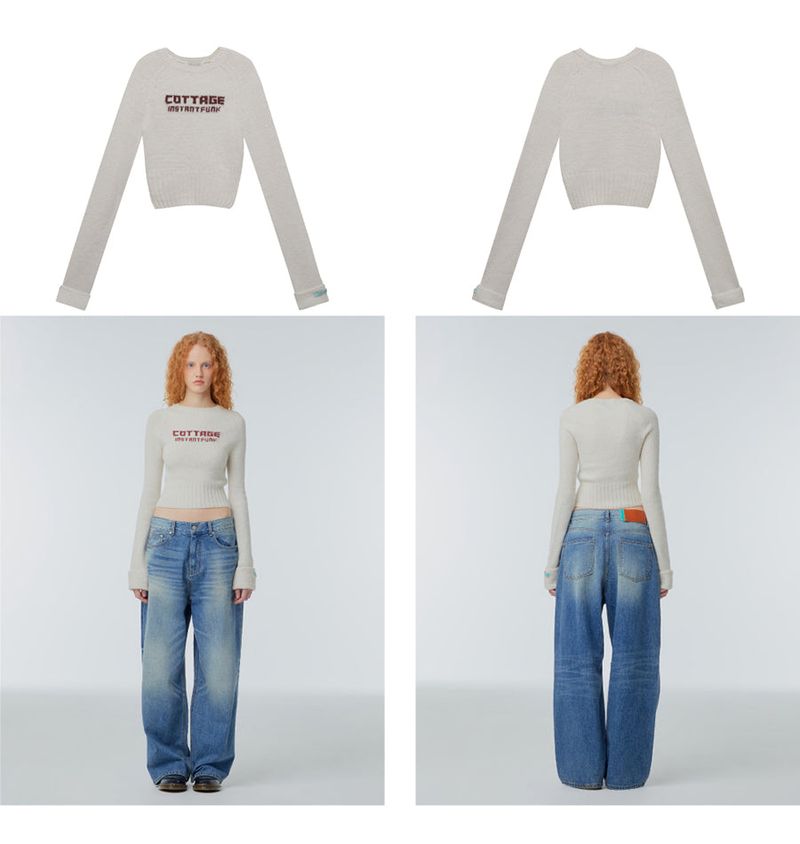 Cropped needlework wool-blend sweater